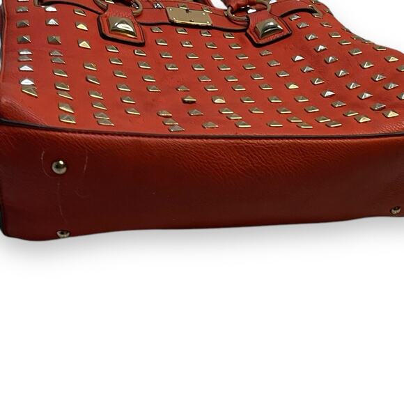 Convertible Top Handle Shoulder Bag Women's Red Gold Studded Faux Leather Tote - Picture 7 of 14